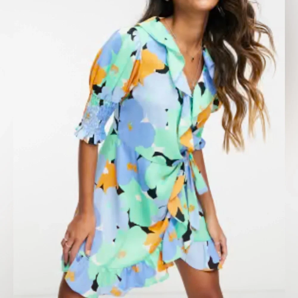 Topshop Blue Floral Print V-Neck Tie Waist Wrap Mini Dress US 12